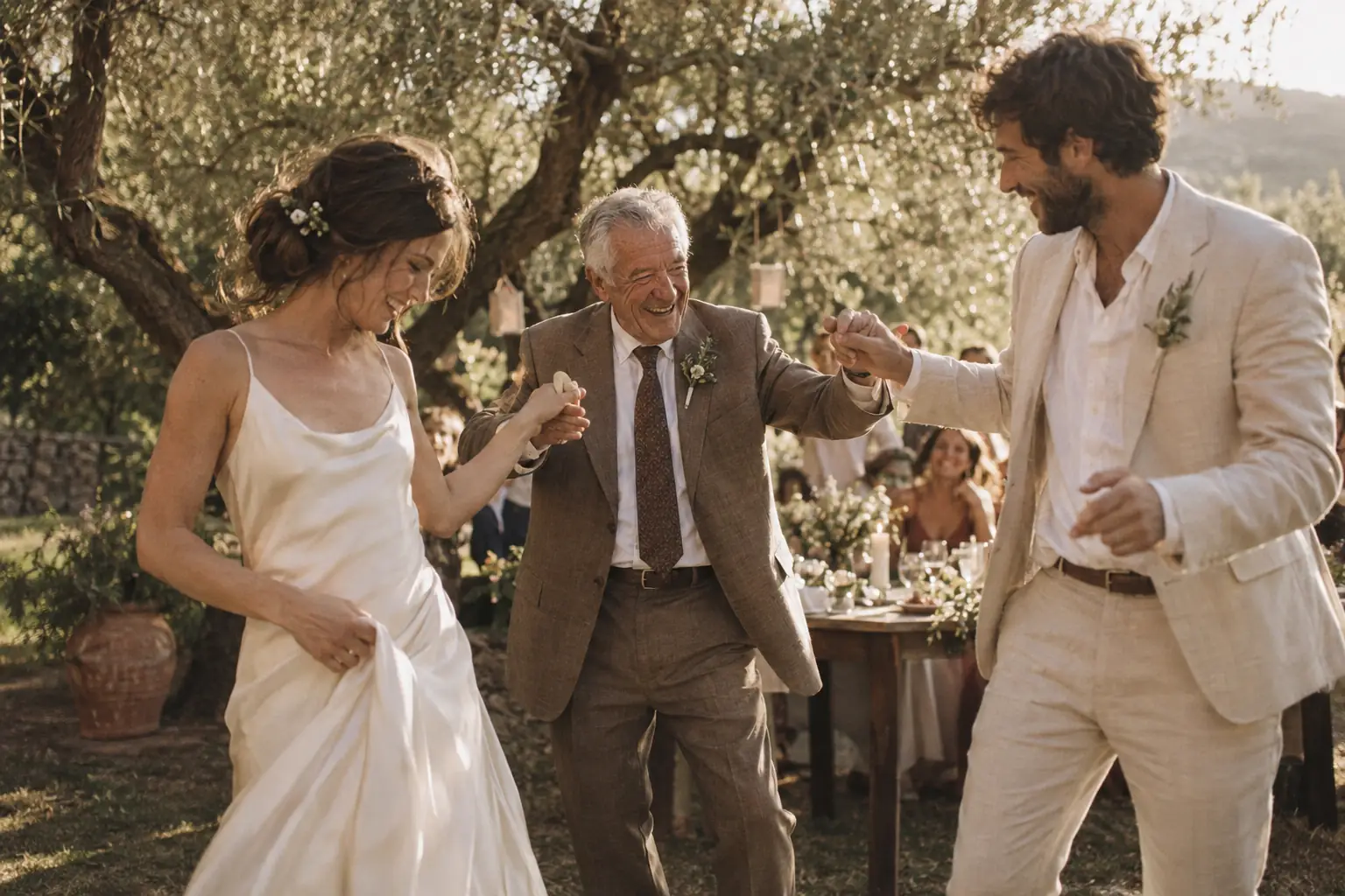 A couple and a grandfather dancing at a garden wedding